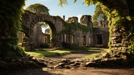 Naklejka premium bright sunny day sunshining through castle ruins