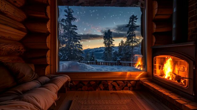 Nighttime cozy cabin with fireplace and snowy view through large window. Winter relaxation concept. Seamless looping time-lapse video background.