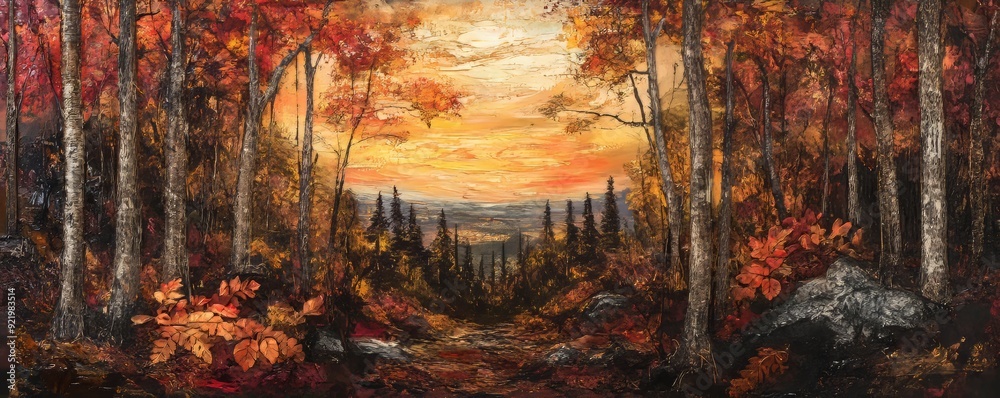 Canvas Prints forest path leading to sunset over mountains in autumn