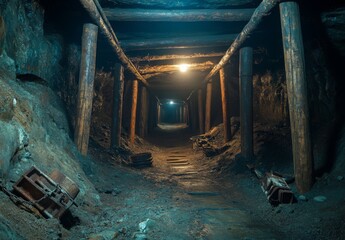 A dimly lit underground tunnel with wooden supports and old mining equipment scattered along the walls