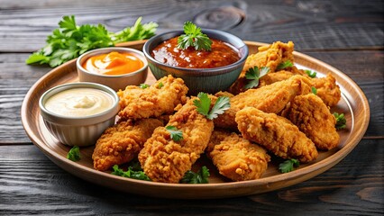 Fototapeta premium Delicious plate of crunchy chicken tenders served with a variety of dipping sauces , chicken tenders, crispy, fried, appetizer