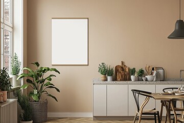 Fototapeta premium Minimalist Kitchen interior with Poster Mockup created with Generative AI