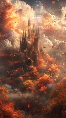 Naklejka premium Gothic castle standing on hill surrounded by autumnal forest