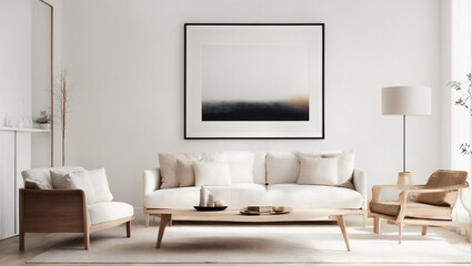 The living room looks neat and bright with a white sofa.AI generated