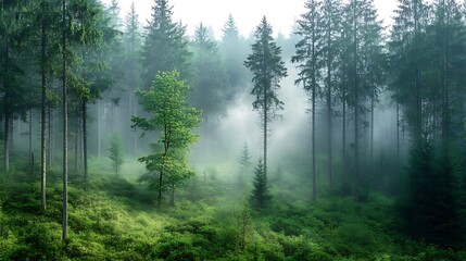 Enchanted forest bathed in morning mist, sunbeams dancing through trees