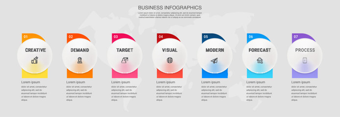 Vector timeline infographics template with 7 circles and options. Blank space for web, infographic, diagram, business, digital network, flowchart, presentations