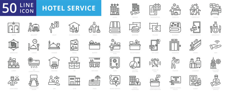 Hotel service icon set with reservation, check in, check out, room, suite, amenities, lobby, concierge, valet and bellhop.