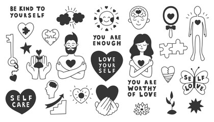 Self Love Doodles Set. Hand drawn collection of psychology and psychotherapy motivational phrases, symbols icons signs. Outline isolated vector illustration.