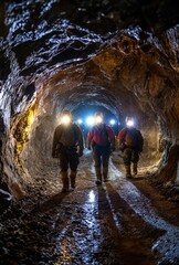 A group of miners walking through a dark tunnel, their headlamps casting light on the rough, rocky walls