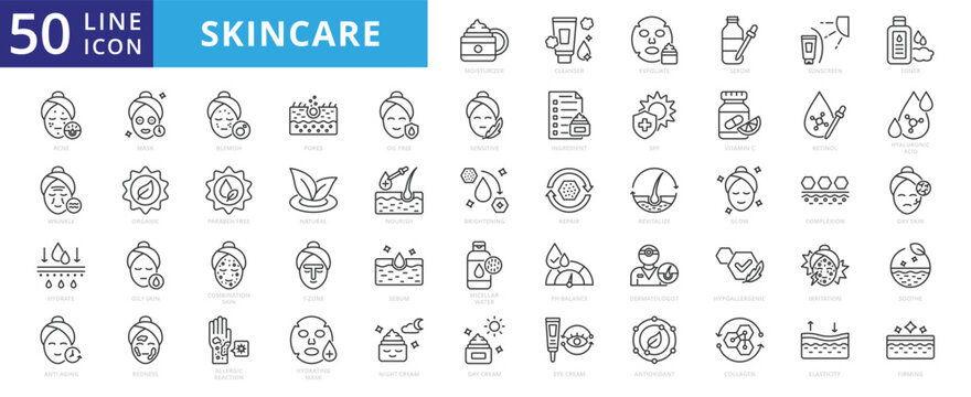Skincare icon set with moisturizer, cleanser, exfoliate, serum, sunscreen, toner, acne, wrinkle, hydrate and anti aging.