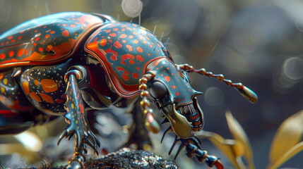 High-resolution focus on a beetle's shiny exoskeleton and unique markings