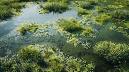 A wetland with various shades of green and brown, the natural patterns formed by the water and vegetation