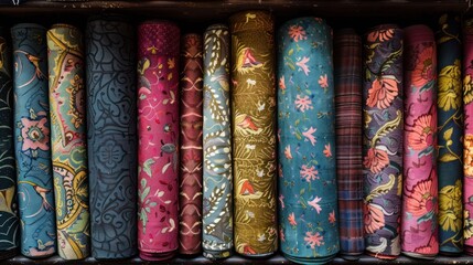 A textile market, the bolts of fabric displayed in colorful, repetitive patterns