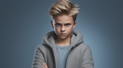Furious young boy with crossed arms in plain background, ideal for adding copy text
