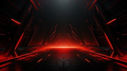 Futuristic black corridor with red neon lights.