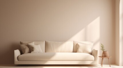 Modern minimalistic living room interior with peach color sofa and empty wall. Neural network ai generated art