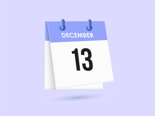 December 13 - calendar and Time planner. Daily Calendar Icon reminder. Vector Illustration.