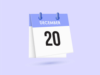 December 20 - calendar and Time planner. Daily Calendar Icon reminder. Vector Illustration.