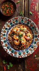 White Bean, Tomato, Fennel and Shrimp Dinner on white plate on white wooden table, close-up. AI generated illustration