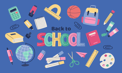 Children school elements with lettering. Set of school supplies and hand drawn text. Vector illustration in flat style © Biscotto Design