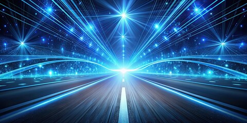 Blue futuristic particle road with streaks of light from passing traffic, technology, background, motion blur