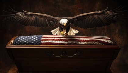 Bald eagle perched guard over a casket draped in an American flag during a solemn tribute
