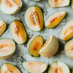 Freshly cut cantaloupe slices arranged on a textured surface Seamless pattern