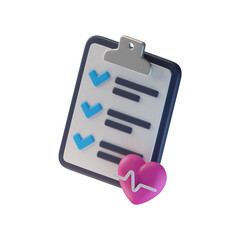 3D Illustration of a Medical Clipboard, Checklist and a Heart with a Heartbeat Line, Ideal for Promoting Health Tracking, Wellness Programs, and Medical Apps, Healthcare Services, on transparent png