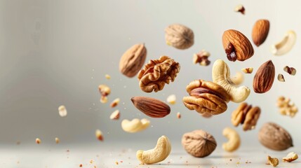 Various nuts, including almonds, walnuts and cashews, float in the air on a light background. The concept of healthy eating and natural snacks.