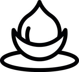 Simple black and white icon of a hazelnut fruit with its shell still partially attached, sitting on its side