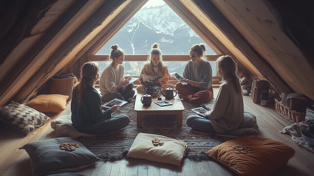  In a bright attic with windows overlooking the mountains, five women gathered on soft cushions around a low table. Over cups of tea and cookies, they happily discuss their recent trip, sharing photos