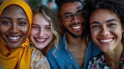 A group of friends from different cultures and ethnicities, smiling and enjoying their time together, celebrating diversity and unity