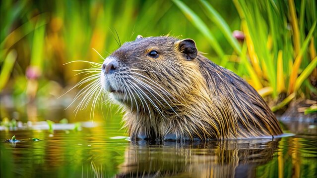 Coypu or nutria in a wetland habitat, coypu, nutria, rodent, wildlife, water, wetland, herbivore, animal, fur, invasive species, river