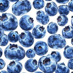 Close-up view of vibrant blueberries scattered on a white background, showcasing their rich color and texture Seamless pattern