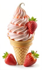 Strawberry and Vanilla Flavour Ice Cream Cone with Swirls and Whipped Delights with Toppings: A Cold and Creamy Frozen Dessert in a Crispy Wafer
