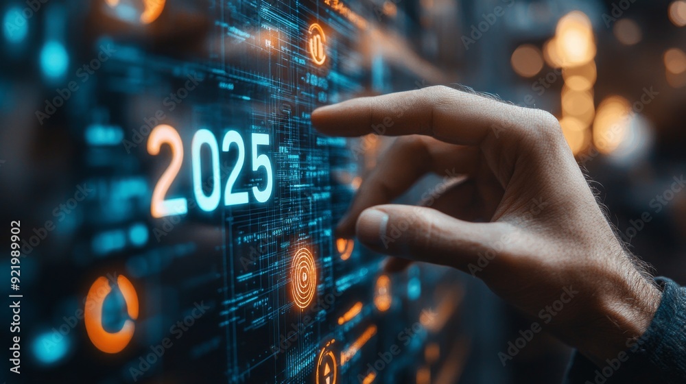 Poster A hand pointing at the year 2025 on a computer screen