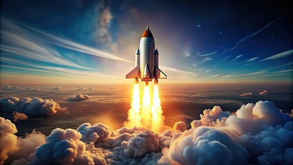 Obraz premium Rocket ship soaring high in the sky symbolizing innovation and growth, innovation, growth, progress, technology