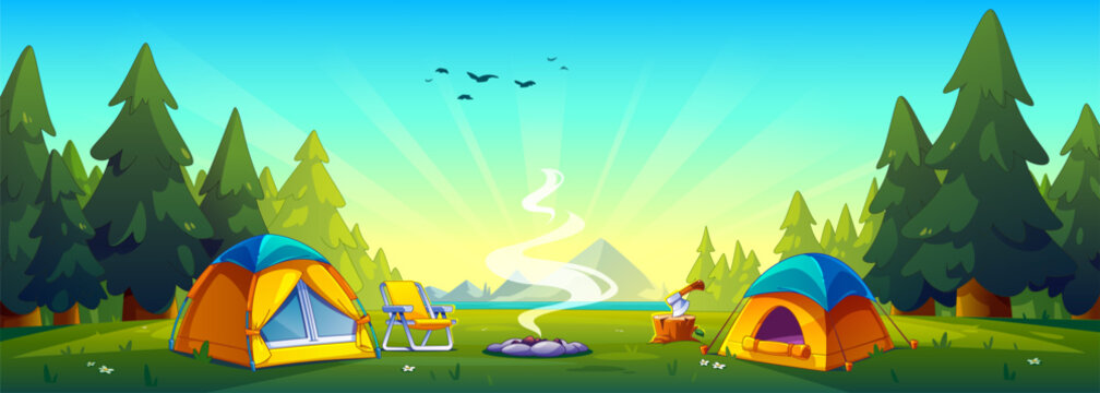 Camp tent with chair and campfire, axe in wood stump in forest with green spruce trees and grass, mountains on horizon, lake or river and bird in blue sky on sunrise. Cartoon vector eco tourism.