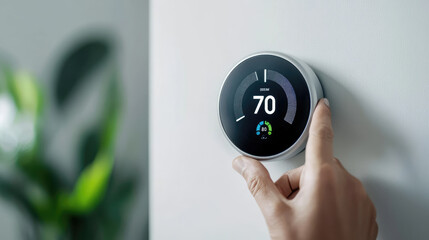 Fototapeta premium Homeowner adjusting temperature on smart thermostat at home