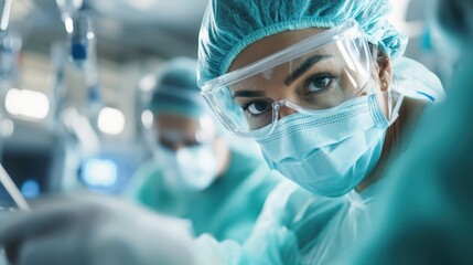 A close-up of a surgeon performing an operation in a sterile room, highlighting the precision and concentration involved. The surgeon is wearing a mask, gloves, and cap.