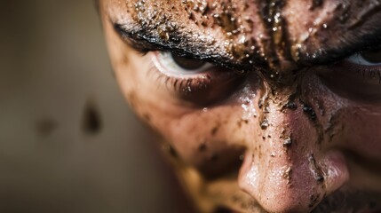 An individual covered in mud, showcasing grit, determination, and endurance through their intense gaze, symbolizing the raw and primal struggle they are enduring.