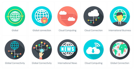 A set of 10 Communication icons as global, global connection, cloud computing