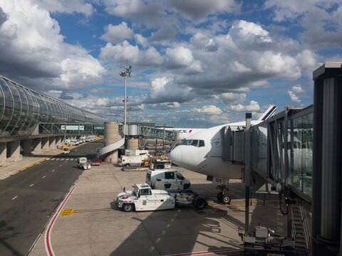 Jet bridge to Airbus aircraft of AirFrance KLM transportation company in Paris Charles de Gaulle CDG airport