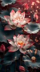 Traditional red and green lotus flower illustration poster background