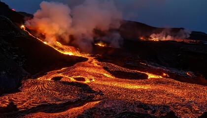 Molten lava hardens into rock as it cools on the ground.