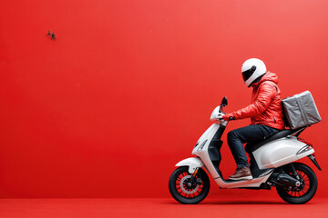 Delivery man riding scooter with thermal backpack wearing red jacket on red background