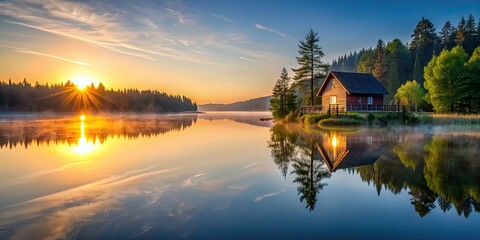 Fototapeta premium Sunrise reflecting on a tranquil lake in front of a secluded cottage, sunrise, reflection, lake, secluded, cottage, tranquility