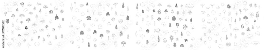 Poster Minimal style cad tree line drawing, Side view, set of graphics trees elements outline symbol for architecture and landscape design drawing. Vector illustration in stroke fill in white. Tropical, oak