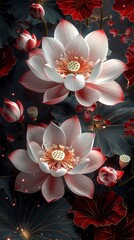 Traditional red and green lotus flower illustration poster background