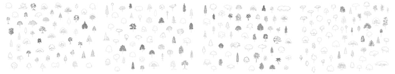 Minimal style cad tree line drawing, Side view, set of graphics trees elements outline symbol for...